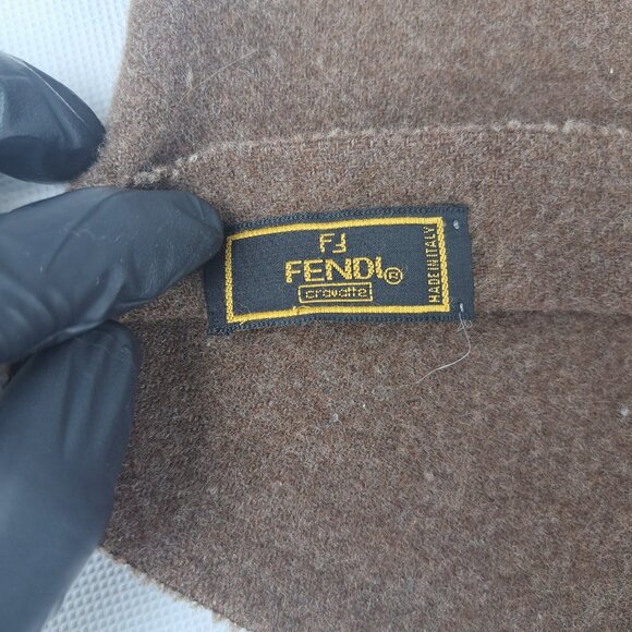 FENDI Cravatte Solid Logo Brushed Woven Cashmere Fringe Brown Rectangle SCARF - Picture 4 of 8
